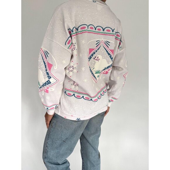 90s vintage seal animal snowy winter holiday graphic cotton pullover sweatshirt - Picture 5 of 10